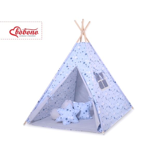 Méga Lot: Tente de Tipi + Tapis de Jeu + Oreillers + Plumes Bleu étoiles