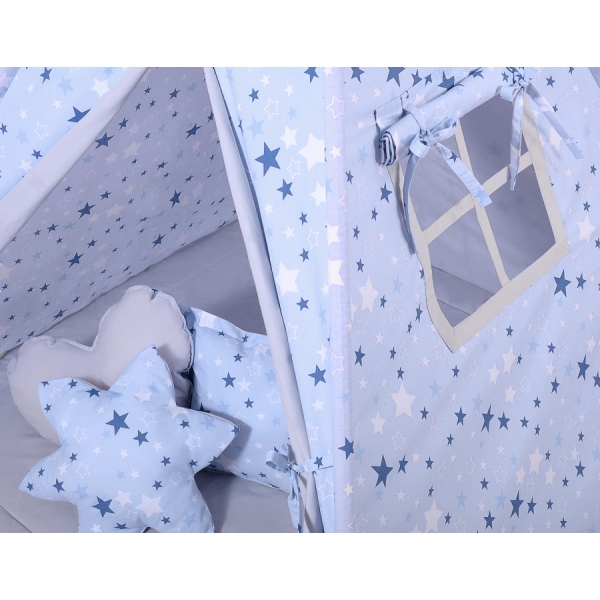 Méga Lot: Tente de Tipi + Tapis de Jeu + Oreillers + Plumes Bleu étoiles