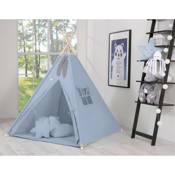 Méga Lot: Tente de Tipi + Tapis de Jeu + Oreillers + Plumes Bleu Pastel