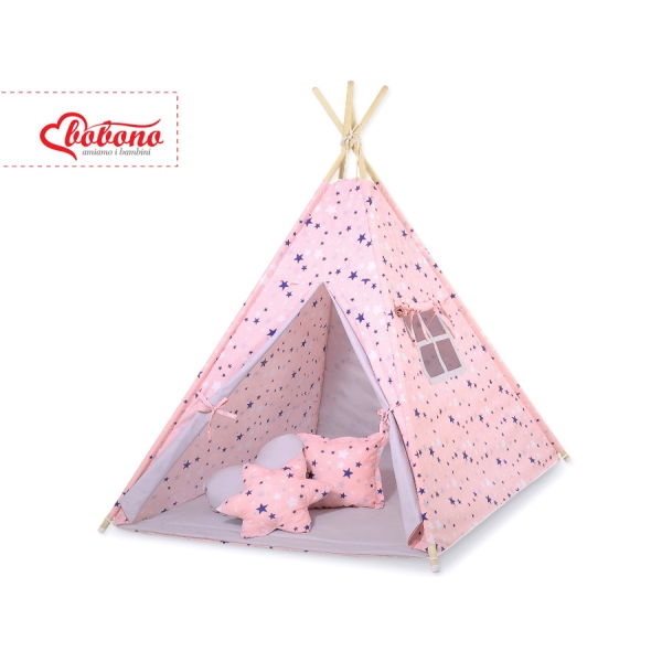 Méga Lot: Tente de Tipi + Tapis de Jeu + Oreillers + Plumes Bleu Rose Gris étoiles