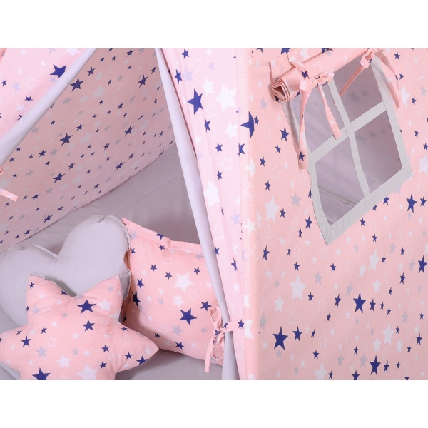 Méga Lot: Tente de Tipi + Tapis de Jeu + Oreillers + Plumes Bleu Rose Gris étoiles