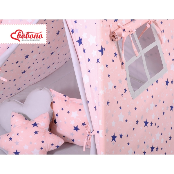 Méga Lot: Tente de Tipi + Tapis de Jeu + Oreillers + Plumes Bleu Rose Gris étoiles