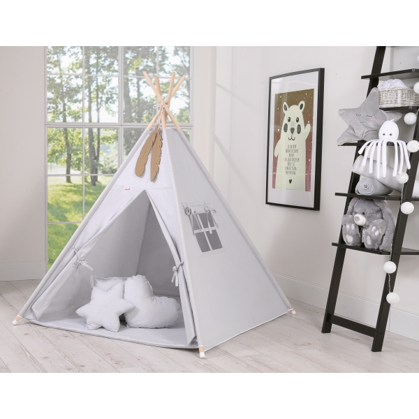 Méga Lot: Tente de Tipi + Tapis de Jeu + Oreillers + Plumes Gris