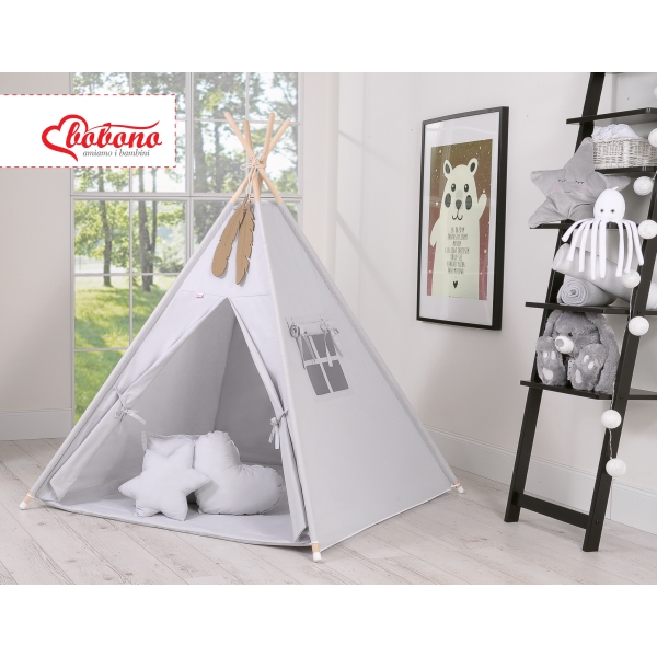Méga Lot: Tente de Tipi + Tapis de Jeu + Oreillers + Plumes Gris
