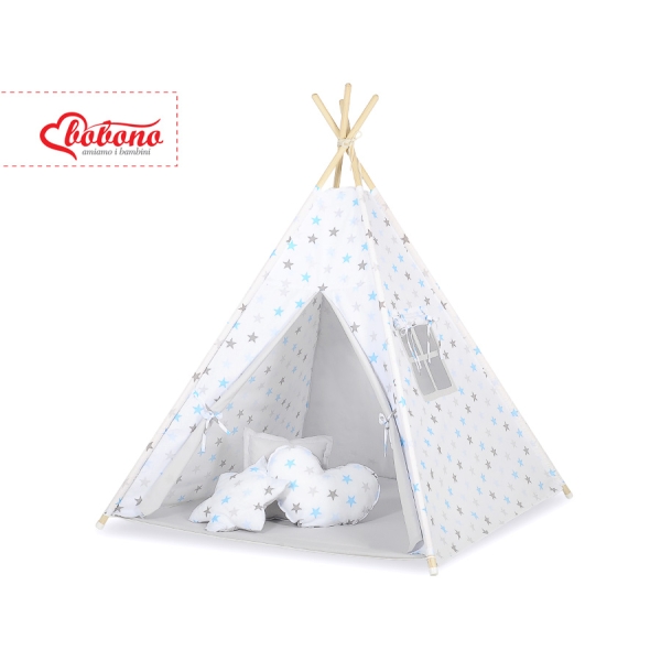 Méga Lot: Tente de Tipi + Tapis de Jeu + Oreillers + Plumes Gris Bleu étoiles