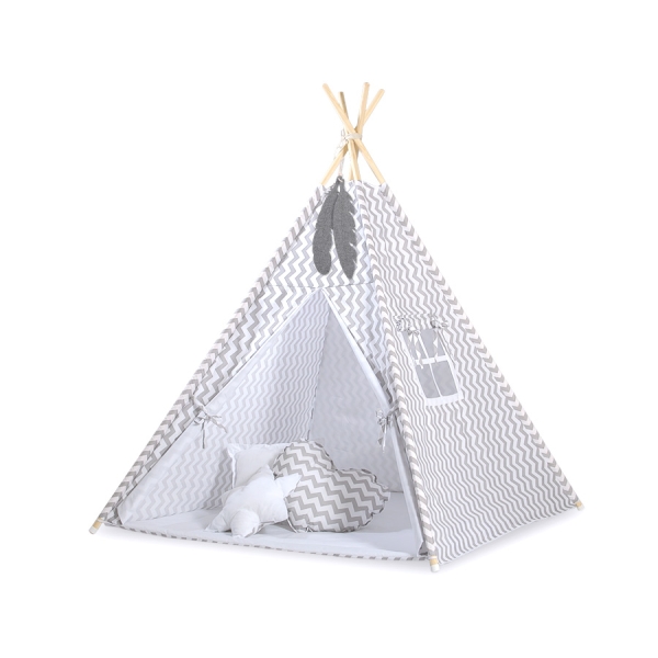 Méga Lot: Tente de Tipi + Tapis de Jeu + Oreillers + Plumes Gris Chevron