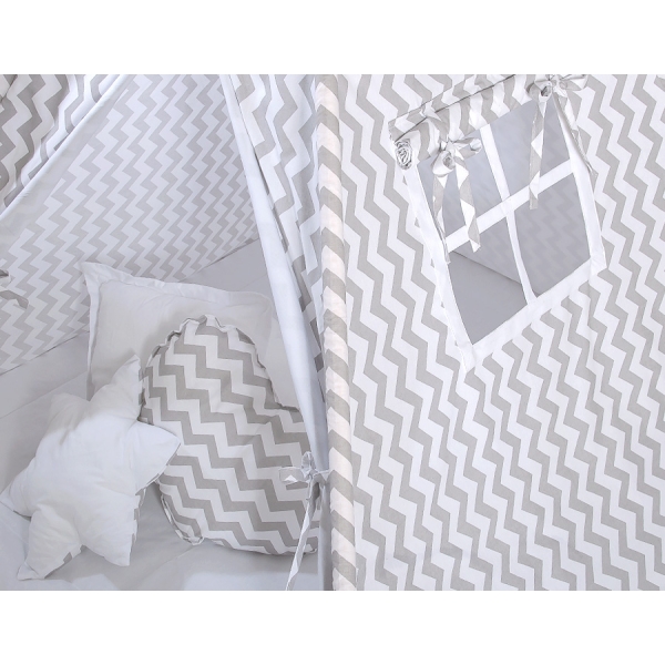 Méga Lot: Tente de Tipi + Tapis de Jeu + Oreillers + Plumes Gris Chevron