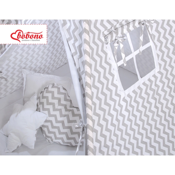Méga Lot: Tente de Tipi + Tapis de Jeu + Oreillers + Plumes Gris Chevron