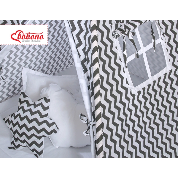 Méga Lot: Tente de Tipi + Tapis de Jeu + Oreillers + Plumes Noir Chevron