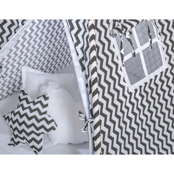 Méga Lot: Tente de Tipi + Tapis de Jeu + Oreillers + Plumes Noir Chevron