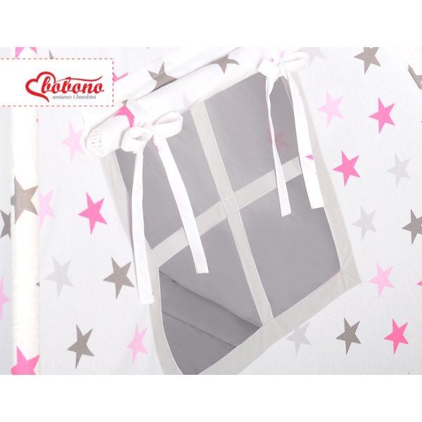 Méga Lot: Tente de Tipi + Tapis de Jeu + Oreillers + Plumes Rose Gris étoiles