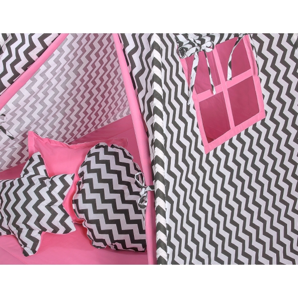 Méga Lot: Tente de Tipi + Tapis de Jeu + Oreillers + Plumes Rose Noir Chevron
