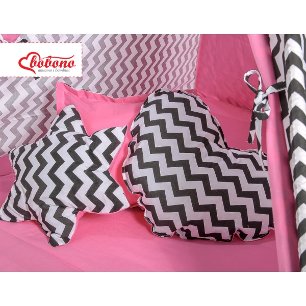 Méga Lot: Tente de Tipi + Tapis de Jeu + Oreillers + Plumes Rose Noir Chevron
