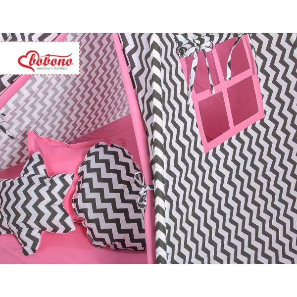 Méga Lot: Tente de Tipi + Tapis de Jeu + Oreillers + Plumes Rose Noir Chevron
