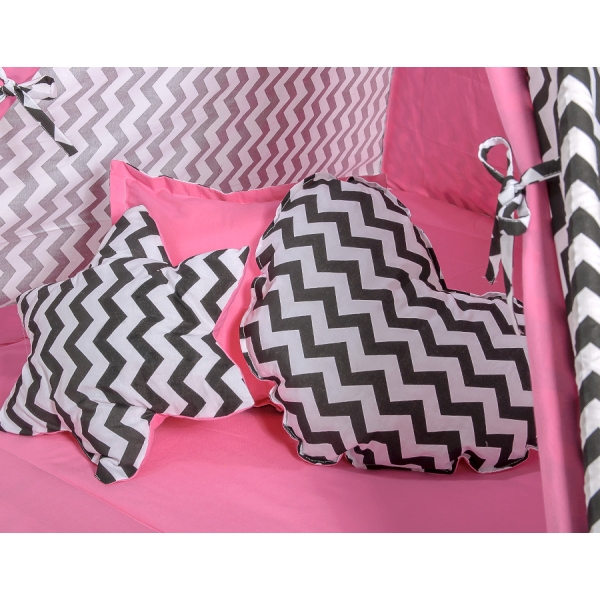 Méga Lot: Tente de Tipi + Tapis de Jeu + Oreillers + Plumes Rose Noir Chevron