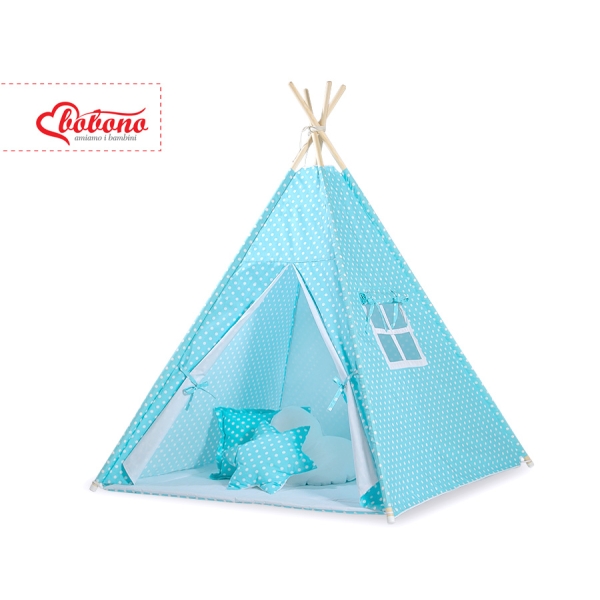 Méga Lot: Tente de Tipi + Tapis de Jeu + Oreillers + Plumes Turquoise à Pois