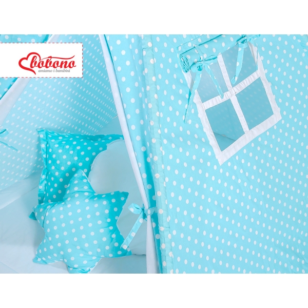 Méga Lot: Tente de Tipi + Tapis de Jeu + Oreillers + Plumes Turquoise à Pois