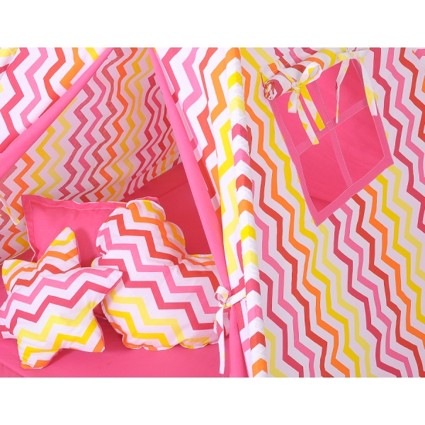 Méga Lot: Tipi pour Enfant avec Tapis de Jeu et Oreillers Jaune Rouge Chevron