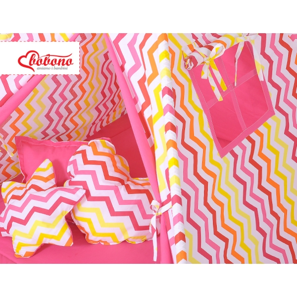 Méga Lot: Tipi pour Enfant avec Tapis de Jeu et Oreillers Jaune Rouge Chevron