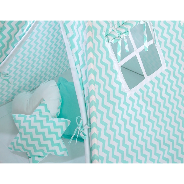 Méga Lot: Tipi pour Enfant avec Tapis de Jeu et Oreillers Menthe Chevron
