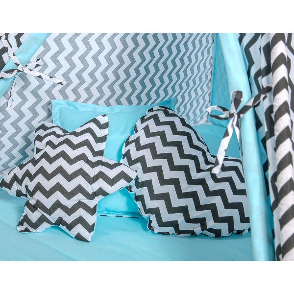 Méga Lot: Tipi pour Enfant avec Tapis de Jeu et Oreillers Noir Bleu Chevron