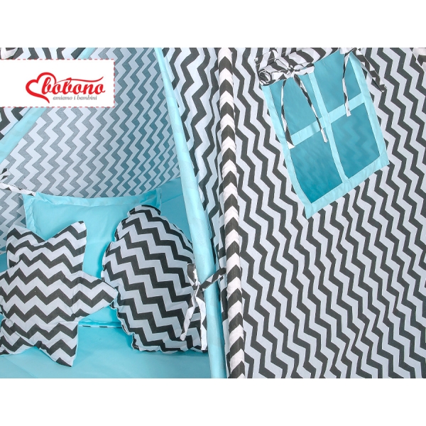Méga Lot: Tipi pour Enfant avec Tapis de Jeu et Oreillers Noir Bleu Chevron