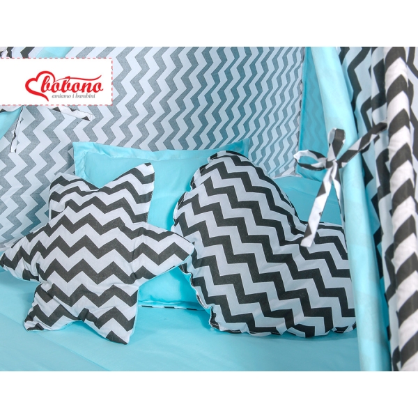 Méga Lot: Tipi pour Enfant avec Tapis de Jeu et Oreillers Noir Bleu Chevron