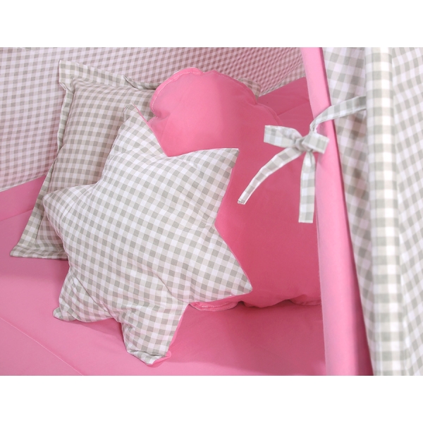 Méga Lot: Tipi pour Enfant avec Tapis de Jeu et Oreillers Rose Gris à Carreaux