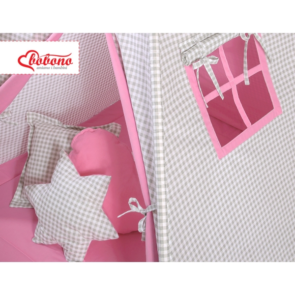 Méga Lot: Tipi pour Enfant avec Tapis de Jeu et Oreillers Rose Gris à Carreaux