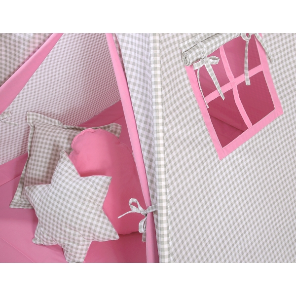 Méga Lot: Tipi pour Enfant avec Tapis de Jeu et Oreillers Rose Gris à Carreaux