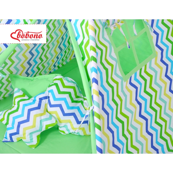 Méga Set: Tipi pour Enfant avec Tapis de Jeu et Oreillers Vert Bleu Chevron