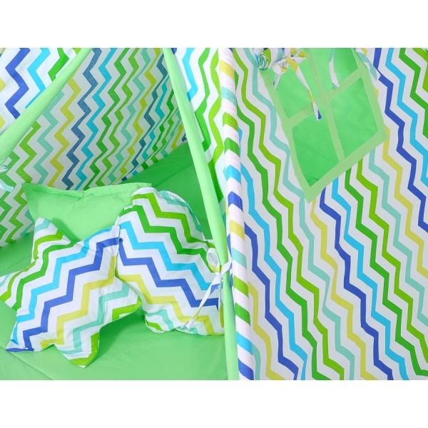 Méga Set: Tipi pour Enfant avec Tapis de Jeu et Oreillers Vert Bleu Chevron