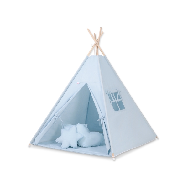 Méga Set: Tipi pour Enfant avec Tapis de Sol et Oreillers + Plumes Bleu