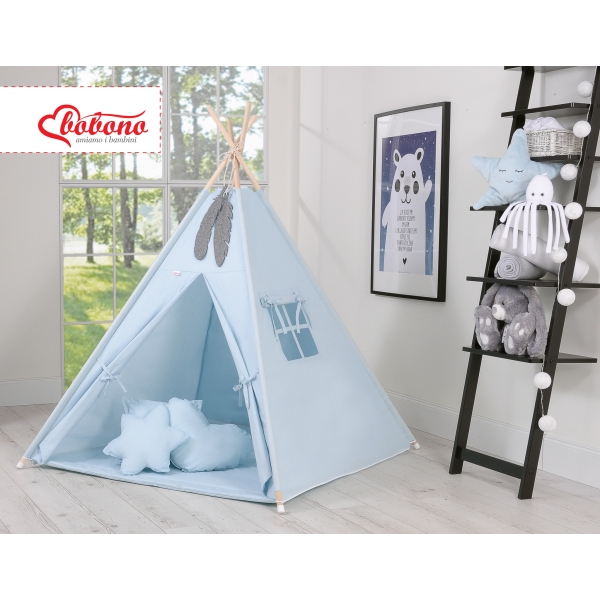 Méga Set: Tipi pour Enfant avec Tapis de Sol et Oreillers + Plumes Bleu