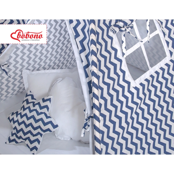 Méga Set: Tipi pour Enfant avec Tapis de Sol et Oreillers + Plumes Bleu Foncé Chevron