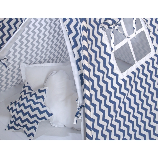 Méga Set: Tipi pour Enfant avec Tapis de Sol et Oreillers + Plumes Bleu Foncé Chevron