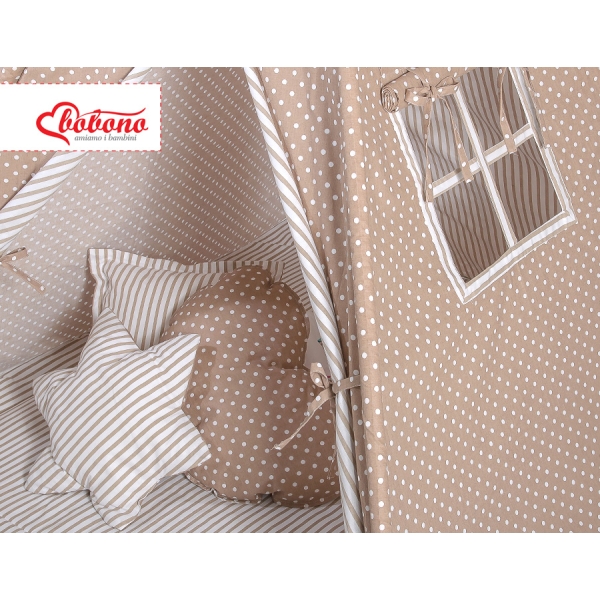 Méga Set: Tipi pour Enfant avec Tapis de Sol et Oreillers + Plumes Brun à Pois
