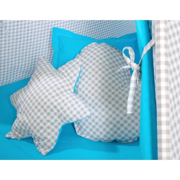 Méga Set: Tipi pour Enfant avec Tapis de Sol et Oreillers + Plumes Gris Turquoise à Carreaux