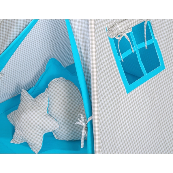 Méga Set: Tipi pour Enfant avec Tapis de Sol et Oreillers + Plumes Gris Turquoise à Carreaux