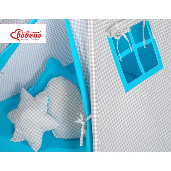 Méga Set: Tipi pour Enfant avec Tapis de Sol et Oreillers + Plumes Gris Turquoise à Carreaux