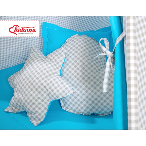 Méga Set: Tipi pour Enfant avec Tapis de Sol et Oreillers + Plumes Gris Turquoise à Carreaux
