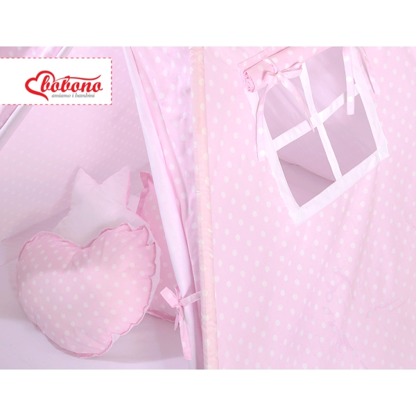 Méga Set: Tipi pour Enfant avec Tapis de Sol et Oreillers + Plumes Rose à Pois