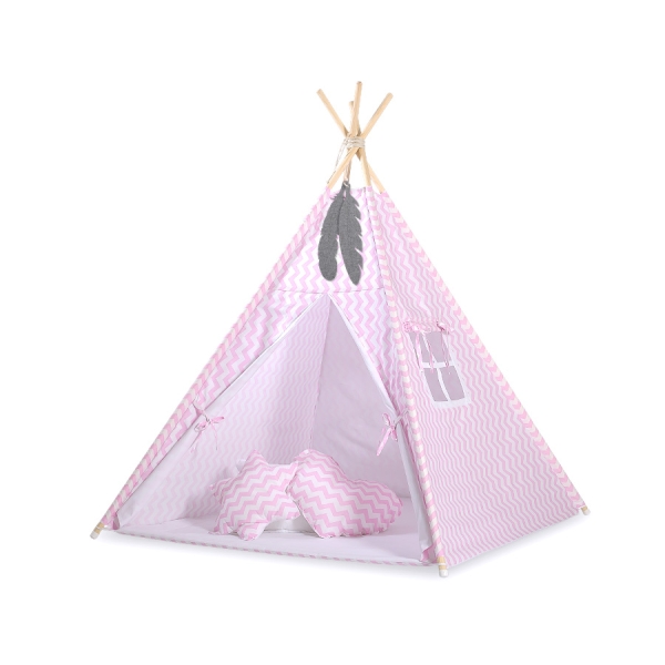 Méga Set: Tipi pour Enfant avec Tapis de Sol et Oreillers + Plumes Rose Chevron