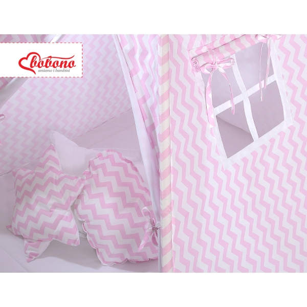 Méga Set: Tipi pour Enfant avec Tapis de Sol et Oreillers + Plumes Rose Chevron