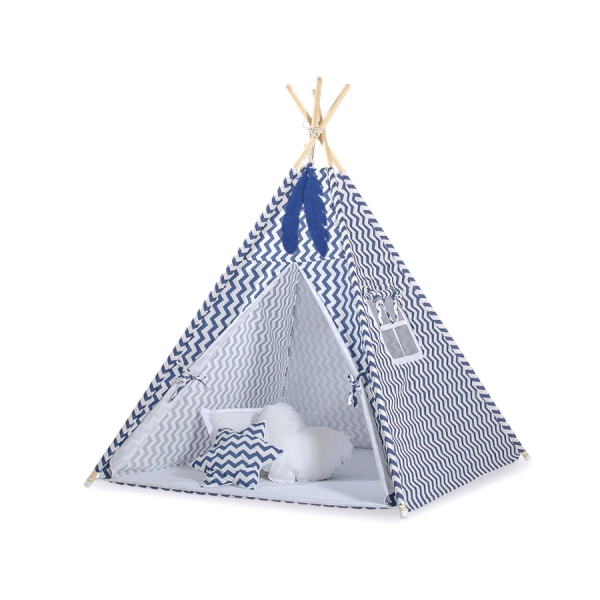 Mini Lot: Tente de Tipi + Tapis de Jeu + Plumes Décoratives Bleu Foncé Chevron