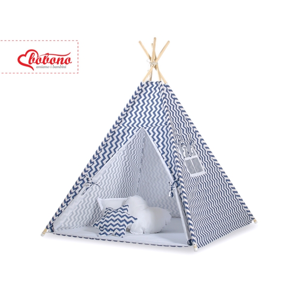 Mini Lot: Tente de Tipi + Tapis de Jeu + Plumes Décoratives Bleu Foncé Chevron