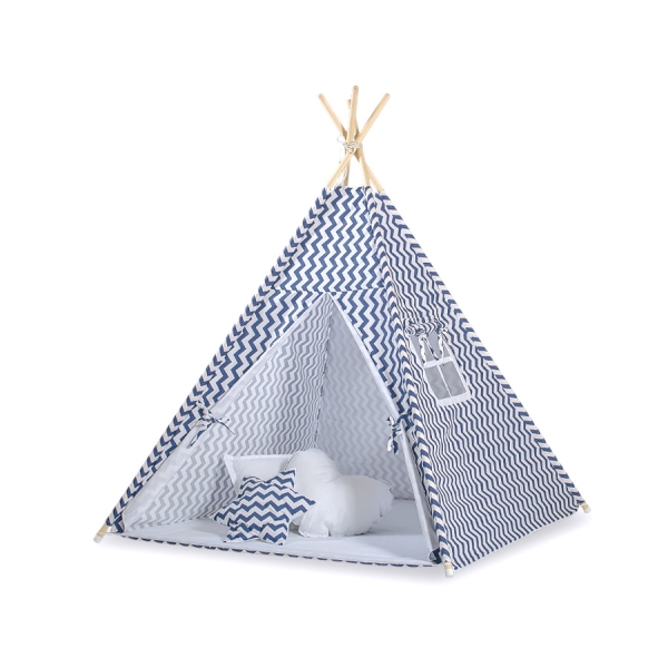 Mini Lot: Tente de Tipi + Tapis de Jeu + Plumes Décoratives Bleu Foncé Chevron