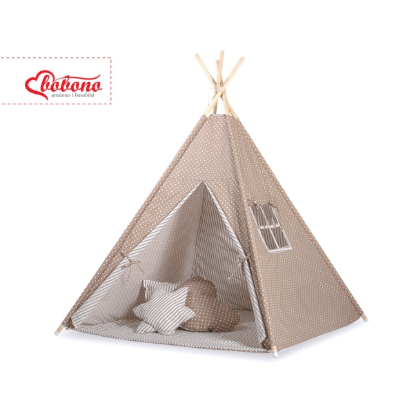 Mini Lot: Tente de Tipi + Tapis de Jeu + Plumes Décoratives Brun Beige à Pois