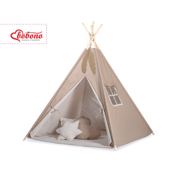Mini Lot: Tente de Tipi + Tapis de Jeu + Plumes Décoratives Brun Beige à Pois