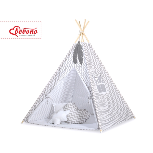 Mini Lot: Tente de Tipi + Tapis de Jeu + Plumes Décoratives Gris Chevron